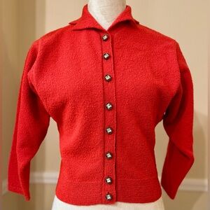 💎 50’s RARE Kim’s Kimberly Knitwear Orange-Red 🍅 Wool Cardigan w/Rhinestones
